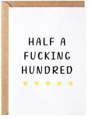 Gelid Half a Hundred birthday card cover with bold humor for milestone celebrations.