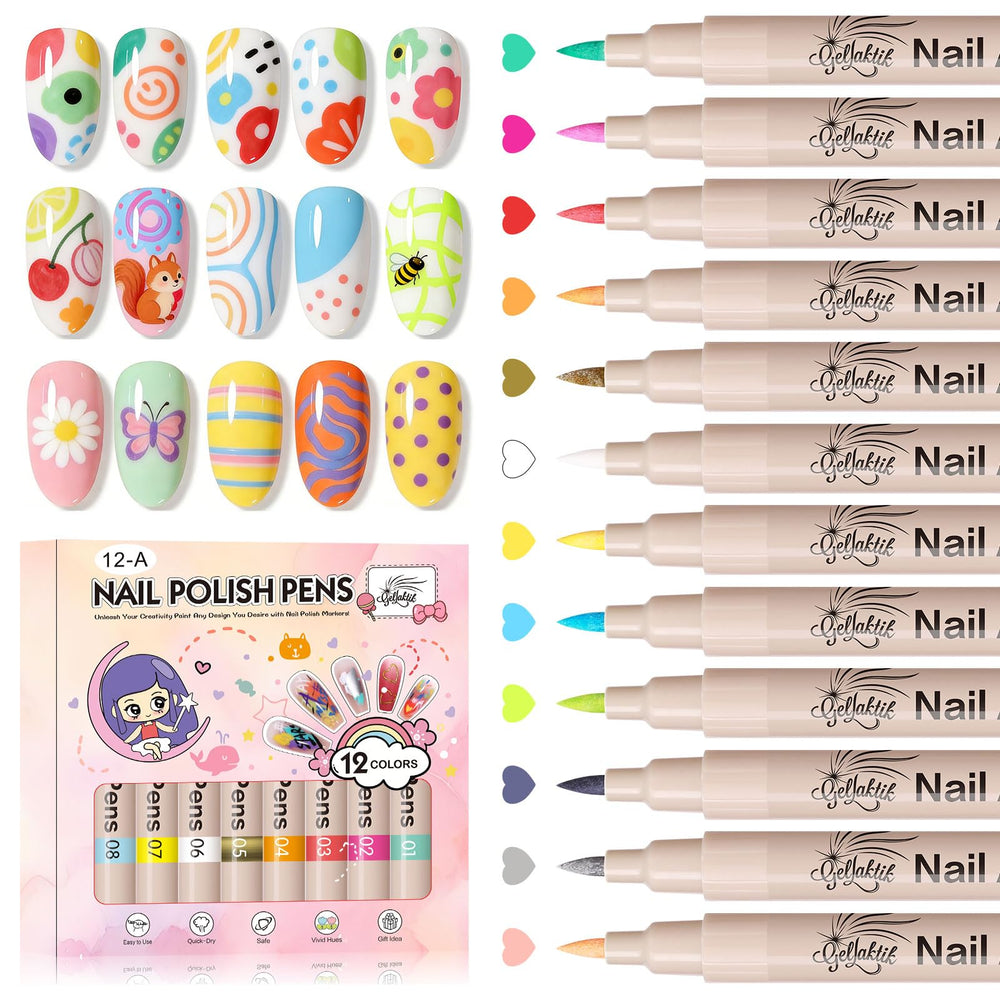 Gellaktik nail art pens set with 12 colors for salon-quality home manicures.