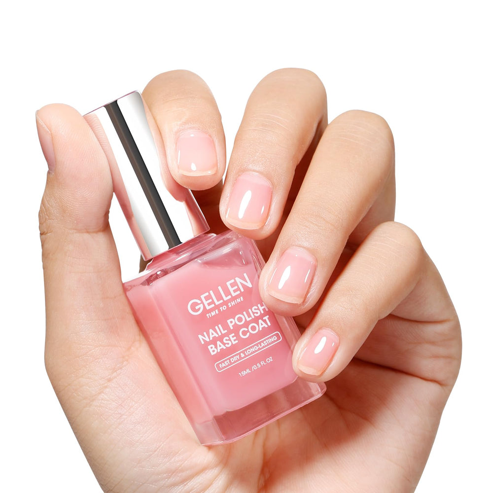 GELLEN base coat bottle shows sheer pink tint for a natural-looking nail prep