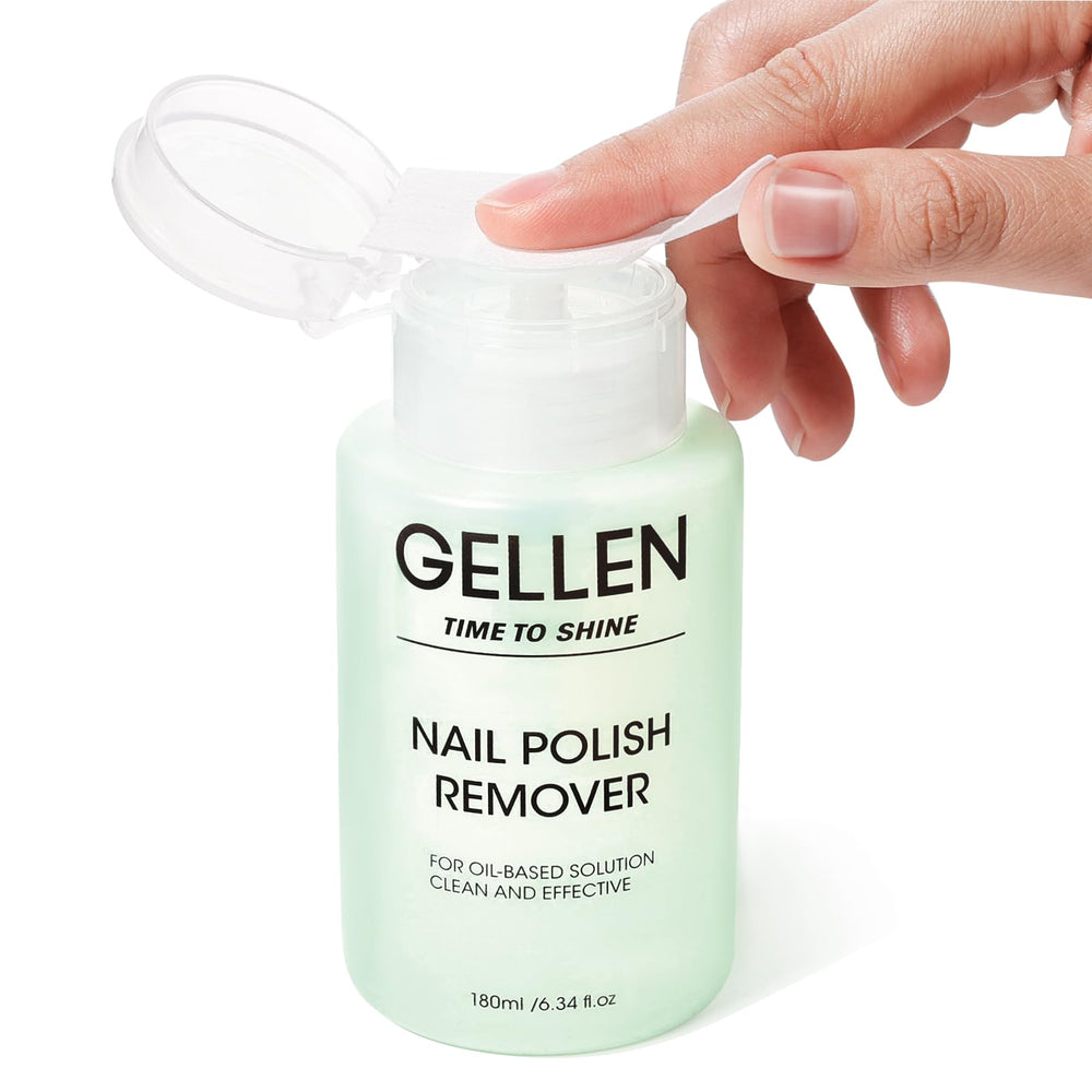 Gellen Nail Polish Remover bottle shows a gentle, acetone-free formula for safe polish removal