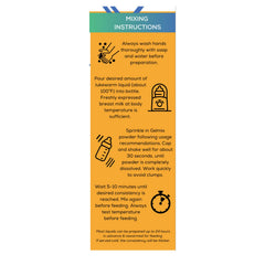 Gelmix thickener jar close-up highlights allergen-free formula option for parents.