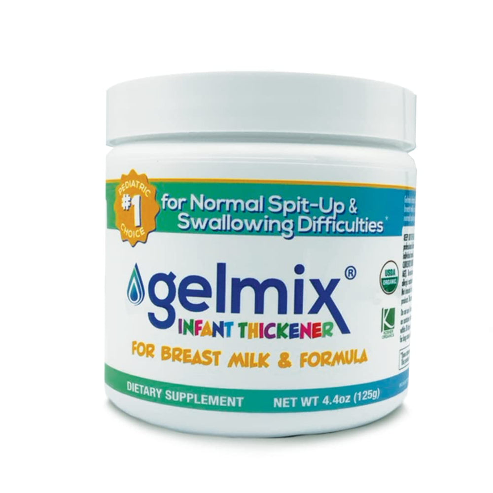 Gelmix Infant Thickener packaging label showing safe use and allergen-free claims.