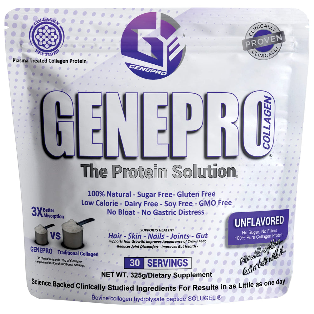GENEPRO GEN. 3 unflavored protein powder bottle supports daily protein intake with collagen peptides