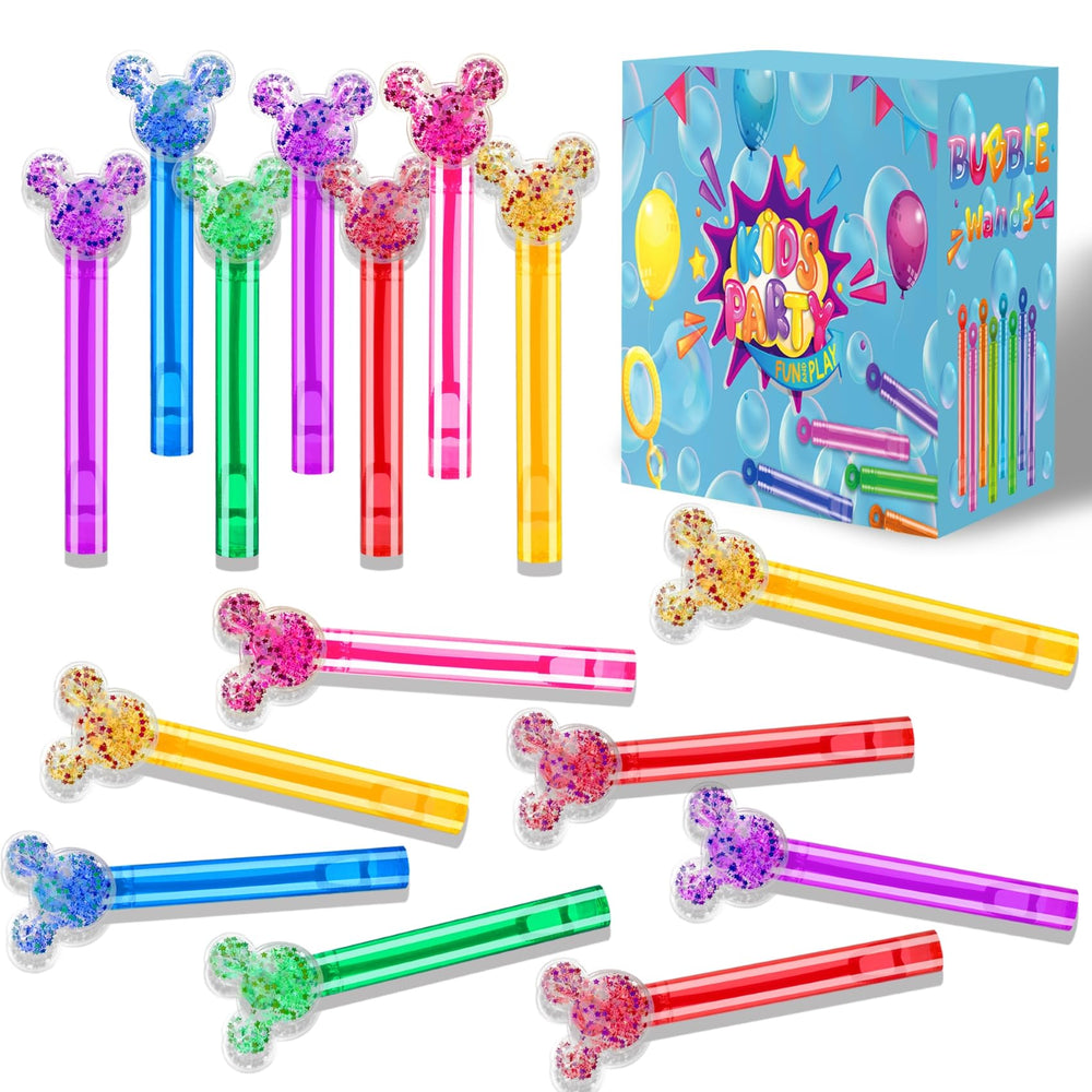 Generic Glitter Bubble Wands in six colors for colorful party fun and safe play.