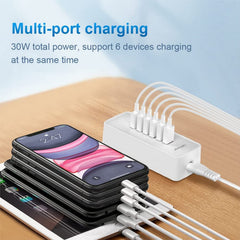 Generic USB Fast Charger six-port ports close-up for simultaneous charging.