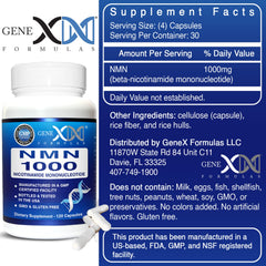 Genex Formulas NMN 1000mg capsules close-up showing unflavored capsules