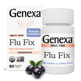Genexa Flu Fix acai berry flavor tablets in a bottle for easy at-home use.