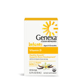 Genexa Infants Vitamin D Drops bottle with organic vanilla flavor for easy daily dosing.