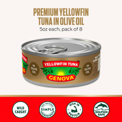 Genova yellowfin tuna in olive oil closeup showing texture and oil glaze.