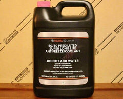 Close-up of Genuine coolant label highlighting the bittering agent safety feature.