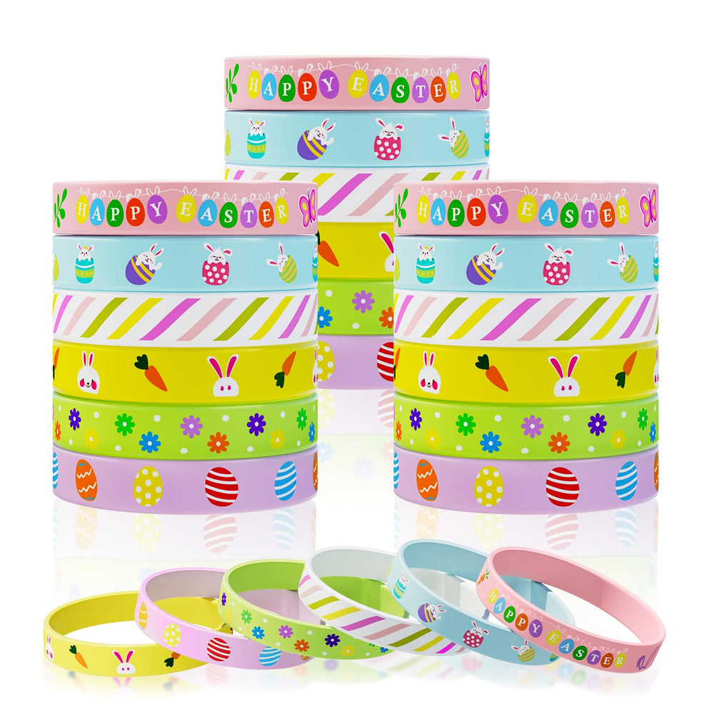 Genuvi Easter rubber bracelets in 30pc set, colorful bunny and egg designs for kids' party favors.