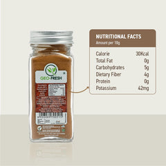 Close-up of Geo-Fresh Cinnamon Powder label showing organic certification.