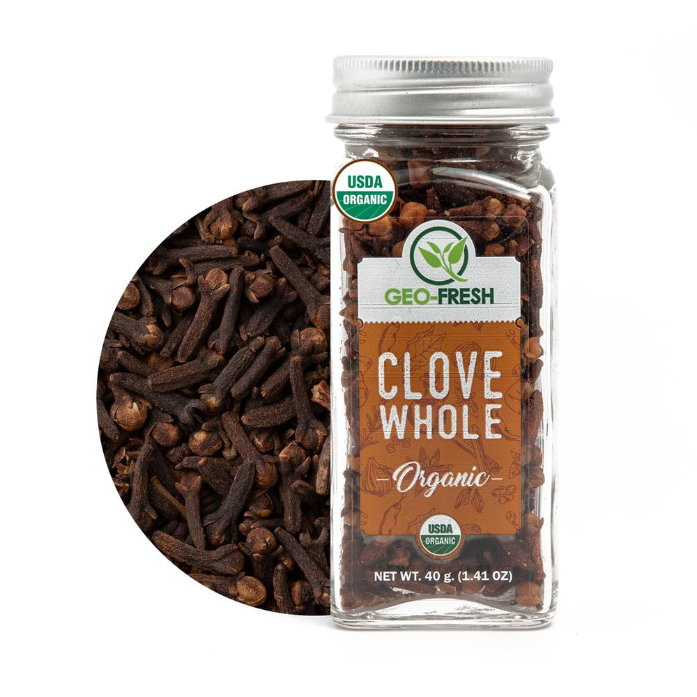 Geo-Fresh Organic Whole Cloves in glass jar with seal offering rich aroma for cooking