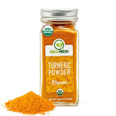 Geo-Fresh Organic Turmeric Powder jar highlighting premium cooking spice