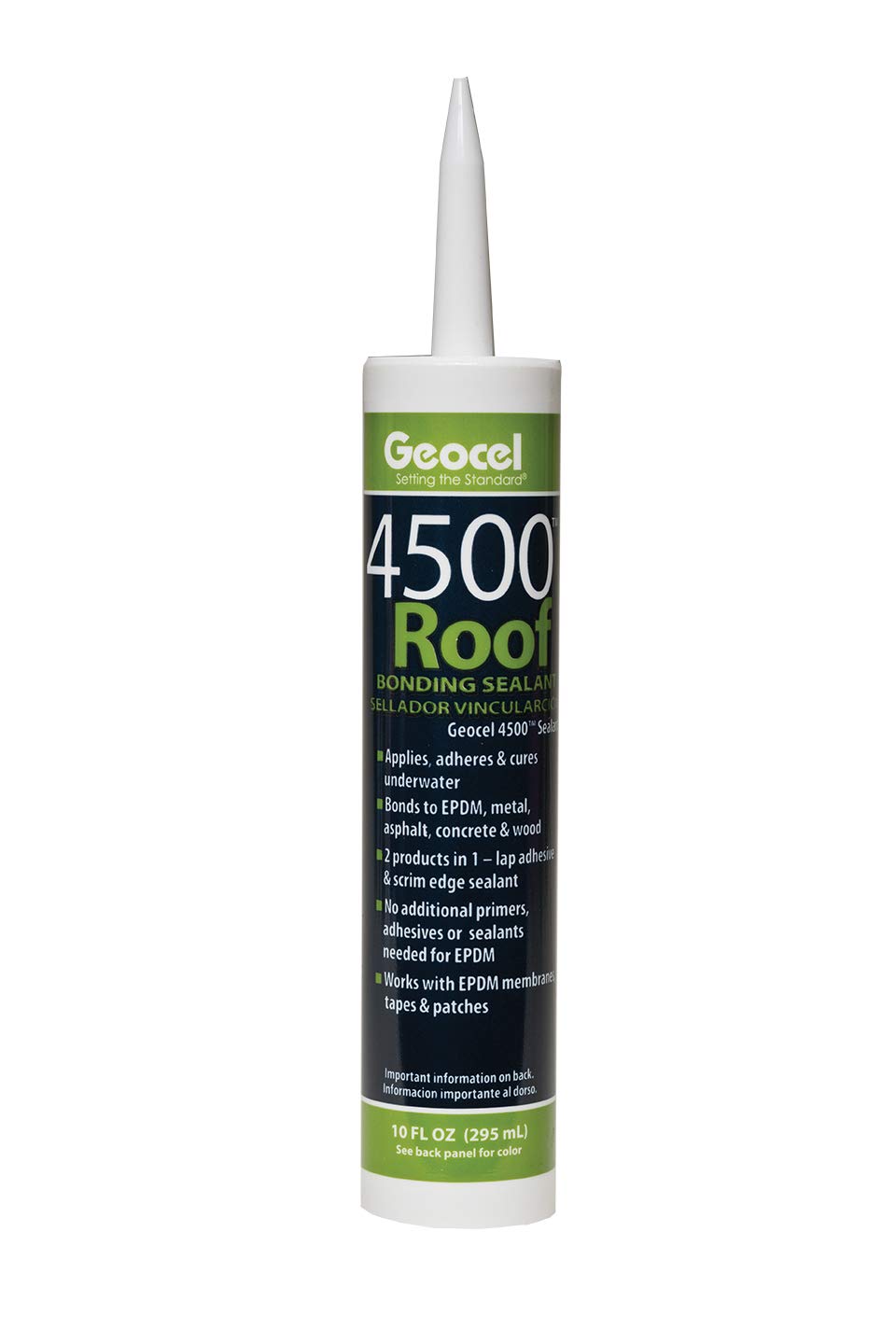 Geocel 4500 roof bonding sealant being poured from a black 10 oz bottle for roof repair