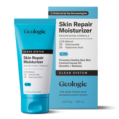 Geologie Skin Repair moisturizer bottle on vanity for overnight renewal benefits.