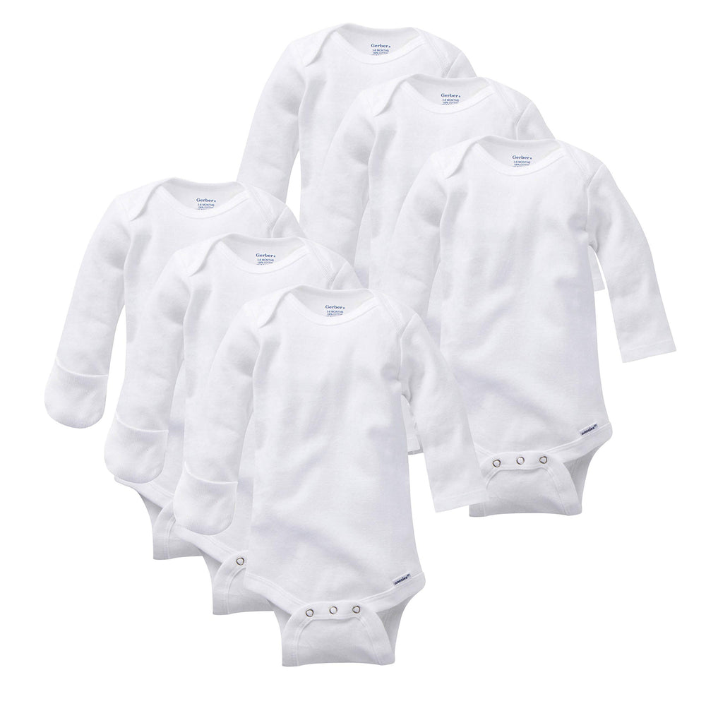 Gerber baby long-sleeve bodysuits front view; soft cotton for everyday comfort