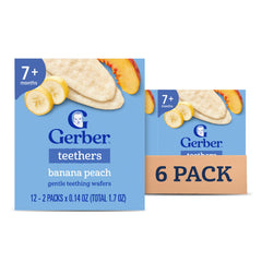 Gerber Banana Peach Teething Wafers box front, ideal for gentle teething exploration.