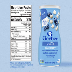 Close-up of Gerber blueberry puffs with textured surface for tiny fingers