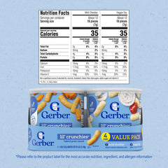 Gerber Lil' Crunchies veggie dip pack; bite-sized and gently dissolving for self-feeding.