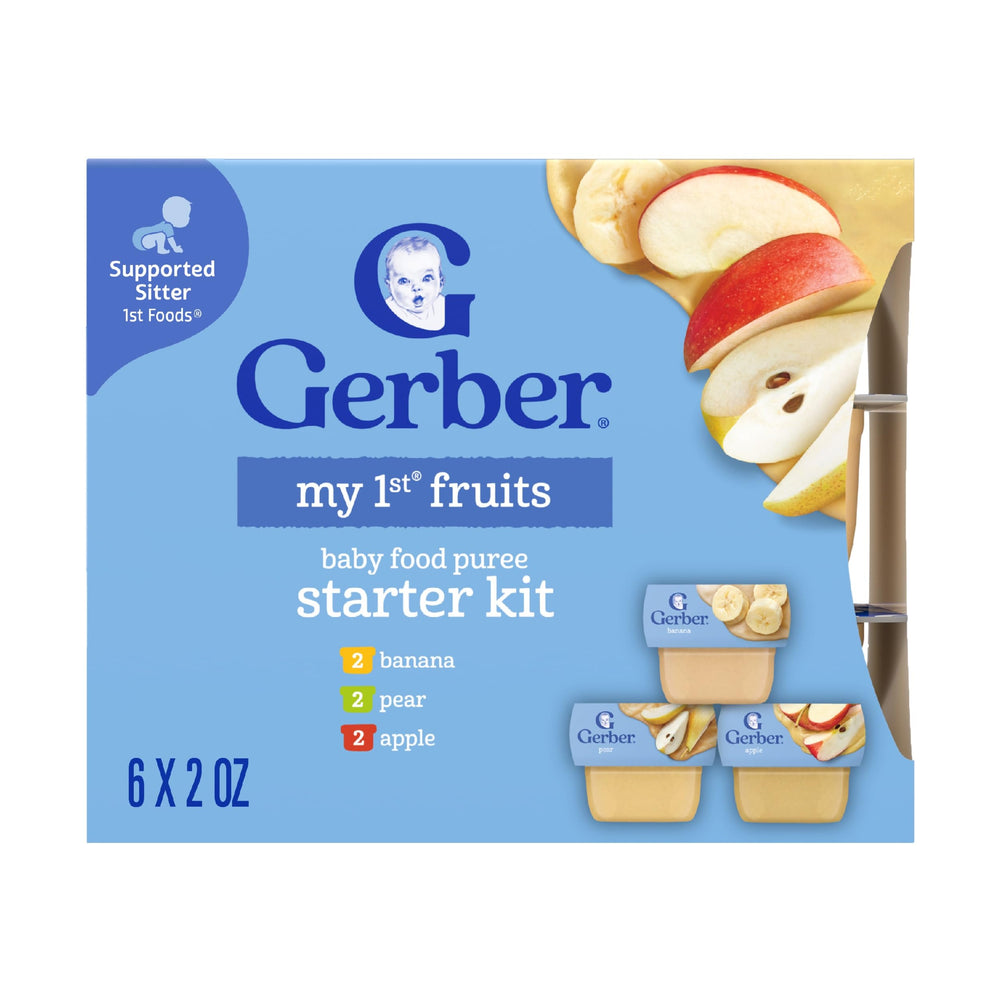 Gerber My 1st Fruits banana puree tub ready for on-the-go feeding.