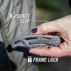 Gerber Paraframe I stainless steel handle emphasizes durability and easy cleaning.
