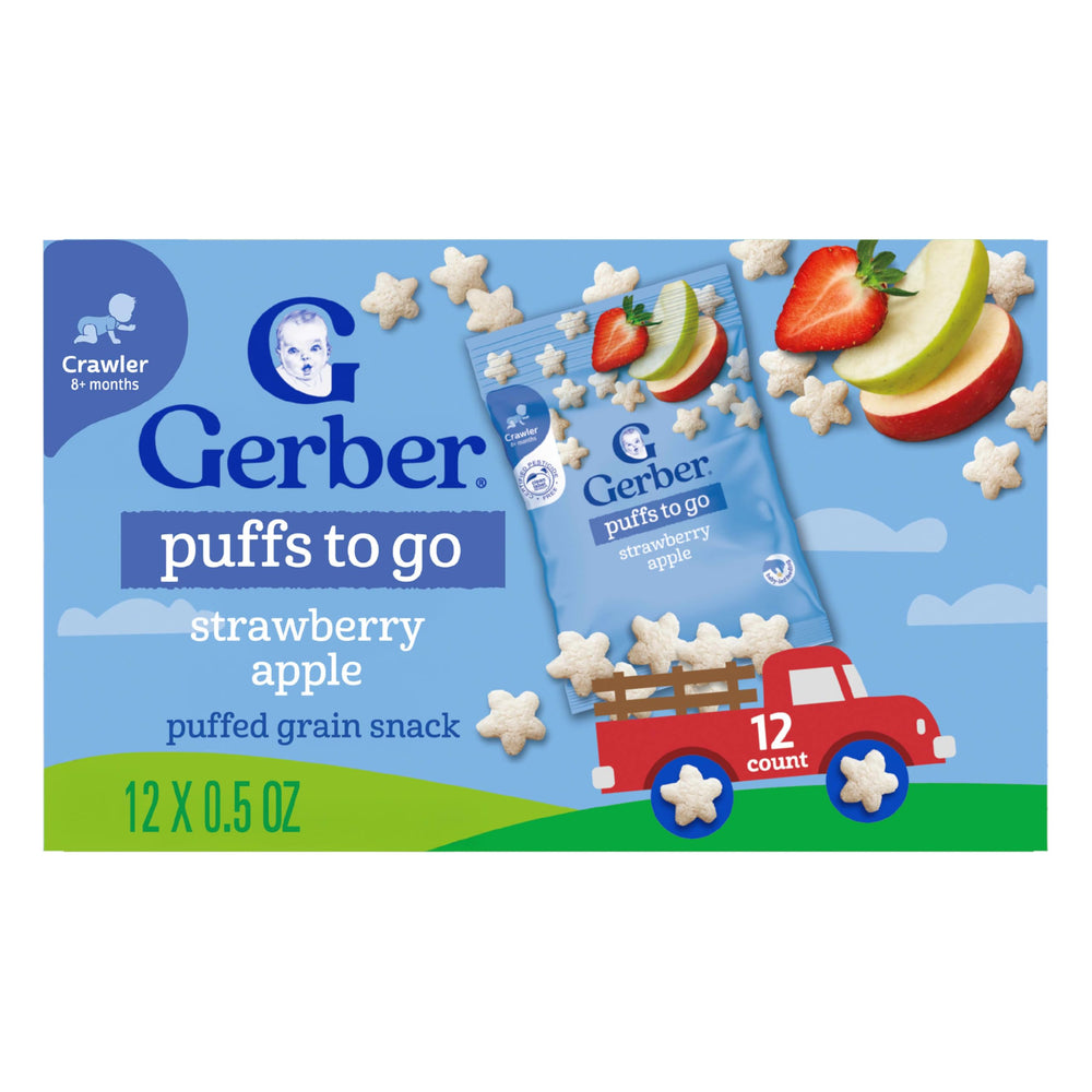 Gerber Puffs to Go Strawberry Apple packaging; convenient snack for on-the-go babies.