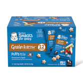 Gerber Puffs to Go Strawberry Apple packaging; convenient snack for on-the-go babies.