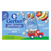 Gerber Puffs to Go Strawberry Apple packaging; convenient snack for on-the-go babies.