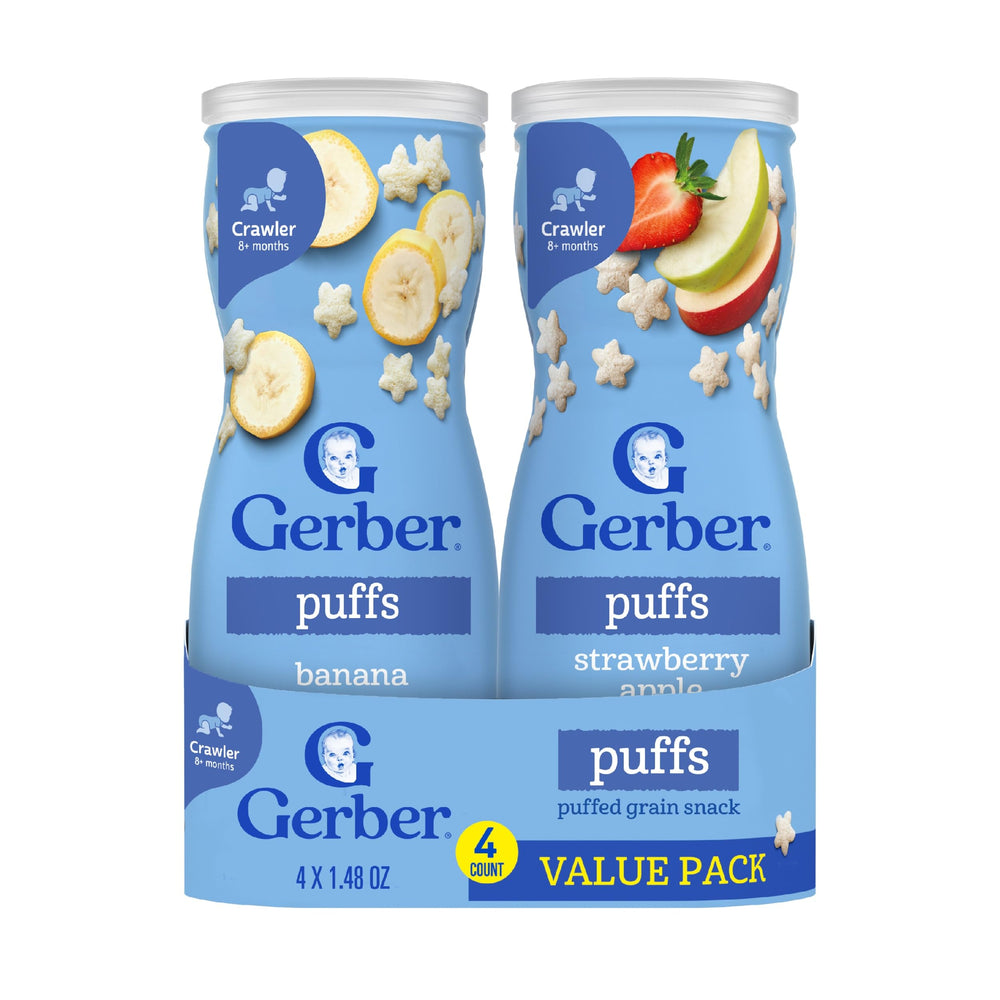 Gerber Puffs variety pack for on-the-go healthy snacking.