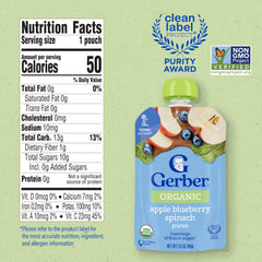 Gerber Stage 2 Apple Blueberry Spinach Puree Pouch with convenient resealable packaging