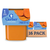 Gerber Stage 2 Sweet Potato Puree Tub close-up for on-the-go feeding with smooth texture.