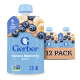 Gerber Stage 2 Banana Blueberry Puree Pouch offers a convenient on-the-go snack for little explorers.