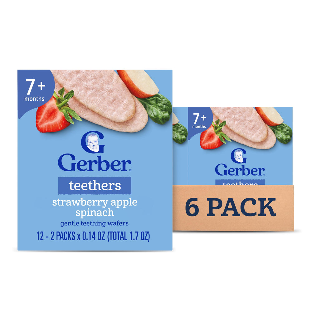 Gerber teether wafers pack shot, gentle on gums.