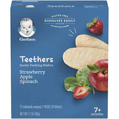 Gerber teether wafers pack shot, gentle on gums.