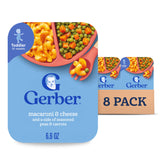 Gerber toddler macaroni and cheese with peas and carrots on a plate for self-feeding