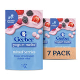 Gerber Yogurt Melts with mixed berries, snack-sized for tiny hands.