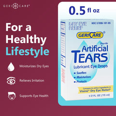 GeriCare artificial tears drop dispense view enables easy, single drops.