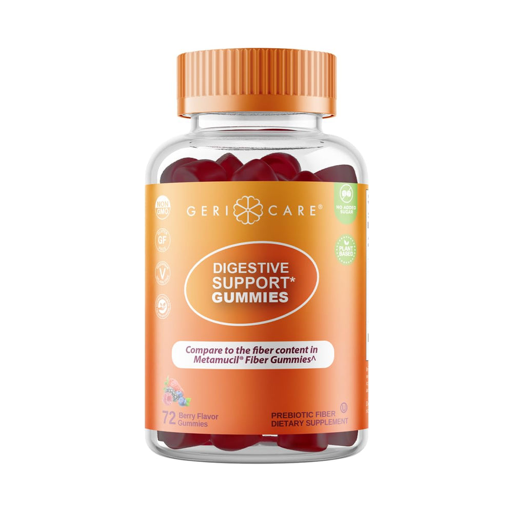 GeriCare prebiotic gummies in berry bottle for daily gut balance.