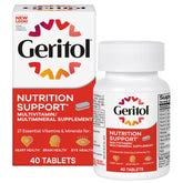 Geritol bottle front label highlights the multivitamin nutrients for daily wellness