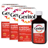 Geritol liquid bottle pour demonstrates easy daily serving for energy support