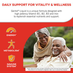 Pouring Geritol liquid into a spoon after a meal for convenient daily use.