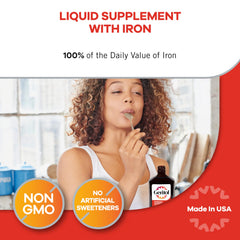 Nutrition facts on Geritol label, emphasizing non-GMO and absence of artificial sweeteners.