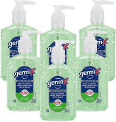 Germ-X Advanced Aloe hand sanitizer bottle with pump for quick hygiene on the go.