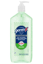 Germ-X Advanced Hand Sanitizer Aloe pump on a desk keeps hands moisturized.