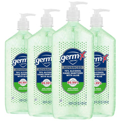 Germ-X Advanced hand sanitizer pump bottle with Aloe and Vitamin E for quick germ protection.