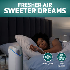 GermGuardian air purifier in a living room shows large-room coverage up to 743 square feet