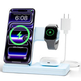 GETPALS 3in1 charger stand powering iPhone, Apple Watch and AirPods on a clean desk