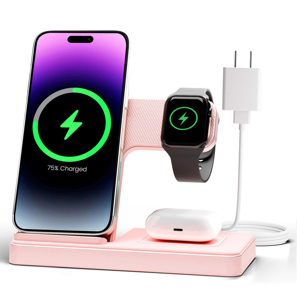 GetPALS wireless charger stand front view showing 3-in-1 charging for iPhone, Watch, and AirPods.