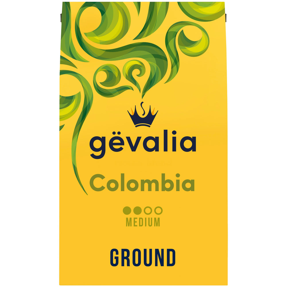 Gevalia Colombia medium roast ground coffee 20oz bag aroma fills the kitchen with inviting fragrance.